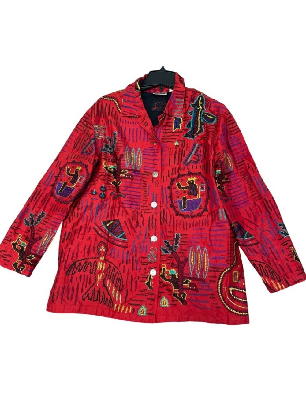 Chico's Design Women's 1 /8 Embroidered Red 100% Silk Button Front Jacket P0873